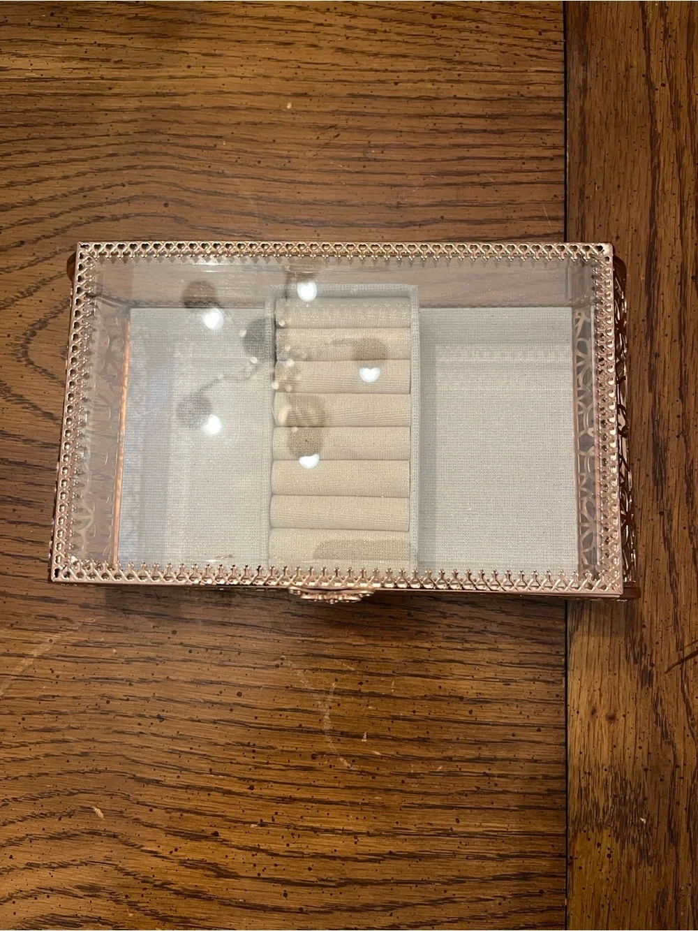 Rachel Ashwell Glass Jewelry Display Box with Rose Gold Trim and Gray Lining